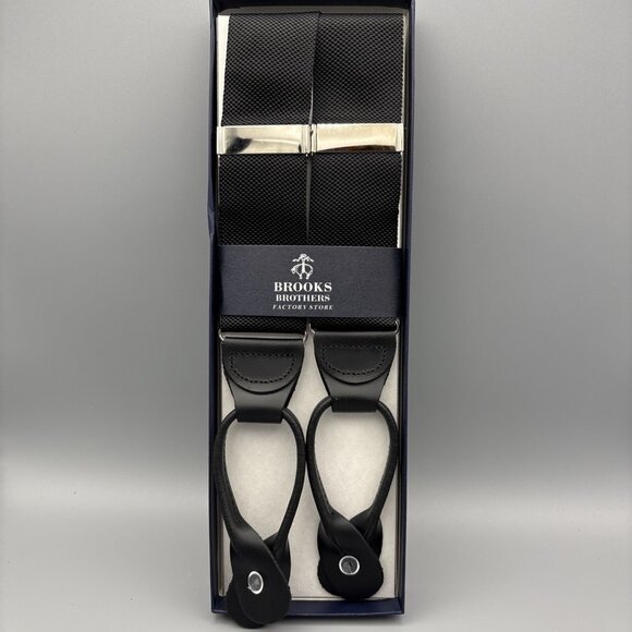 Brooks Brothers Factory Outlet Black And Black Leather Suspenders Braces BB06 - Picture 1 of 6